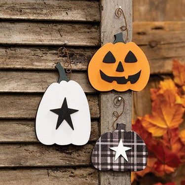 3 Set Wooden Pumpkin Ornament w Curly Wire Hanger - The Fox Decor